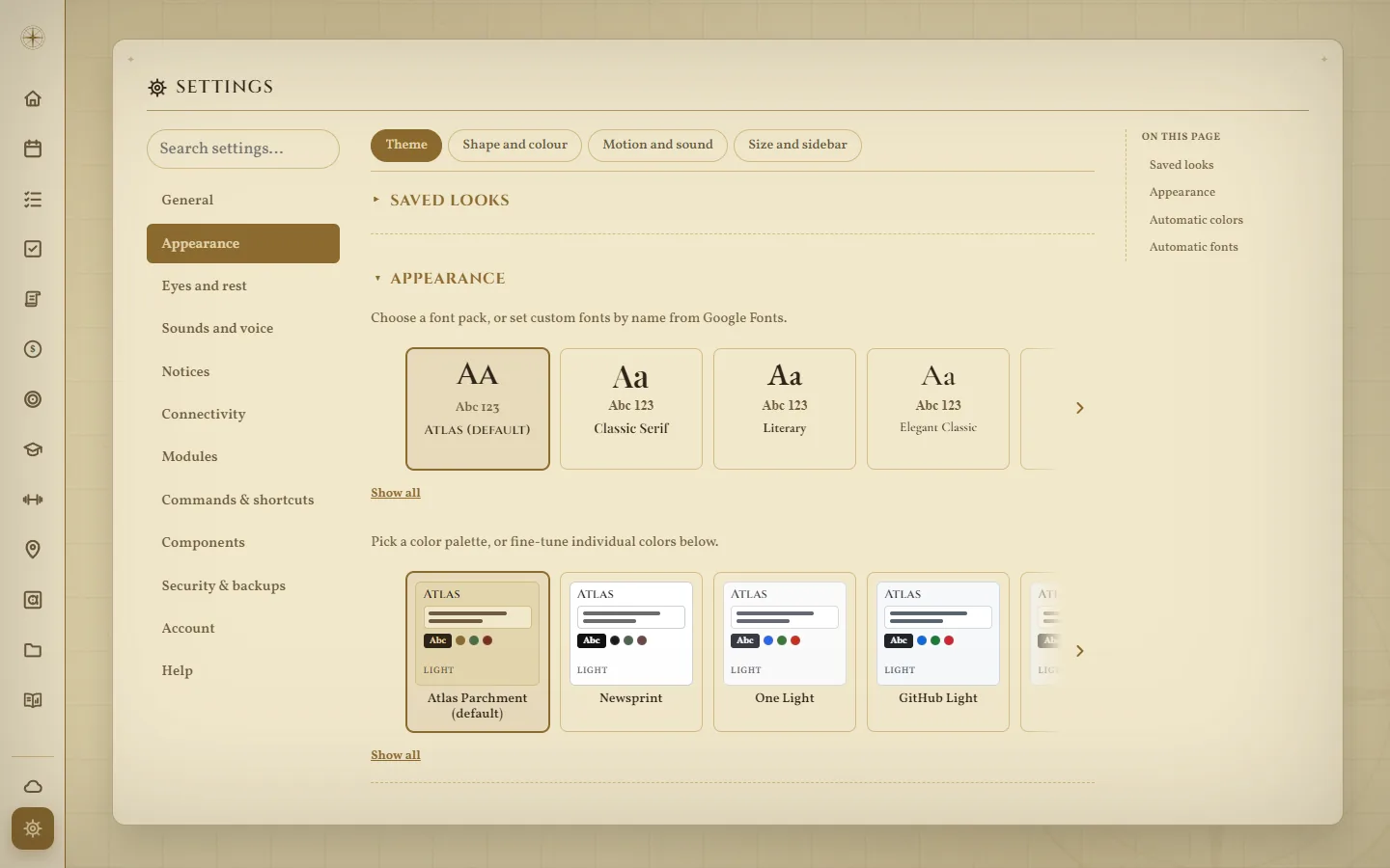 Settings, Appearance: font packs and color palettes