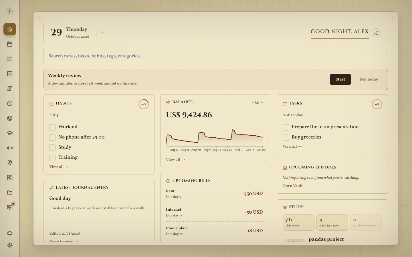 Atlas Compass's Home: habits, balance, tasks, upcoming bills and the latest journal entry